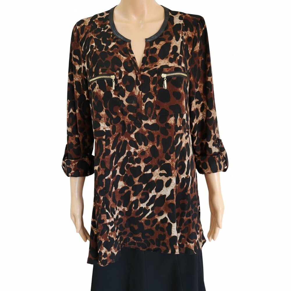Rafaella Blouse Roll Up Sleeves Leopard Print Long Sleeves Womens Size Medium